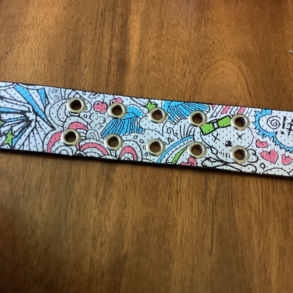 Faux Leather 1-3/4” Doodle Print Belt, Medium Skull Angel Wings Stars Pop Art - Picture 4 of 8